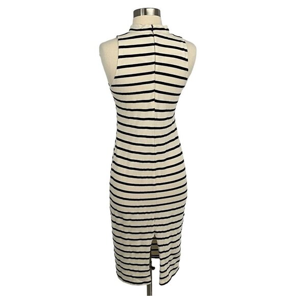 Monrow Size M Striped Midi Dress White Black Sleeveless Mock Neck Knee Length - Picture 4 of 11